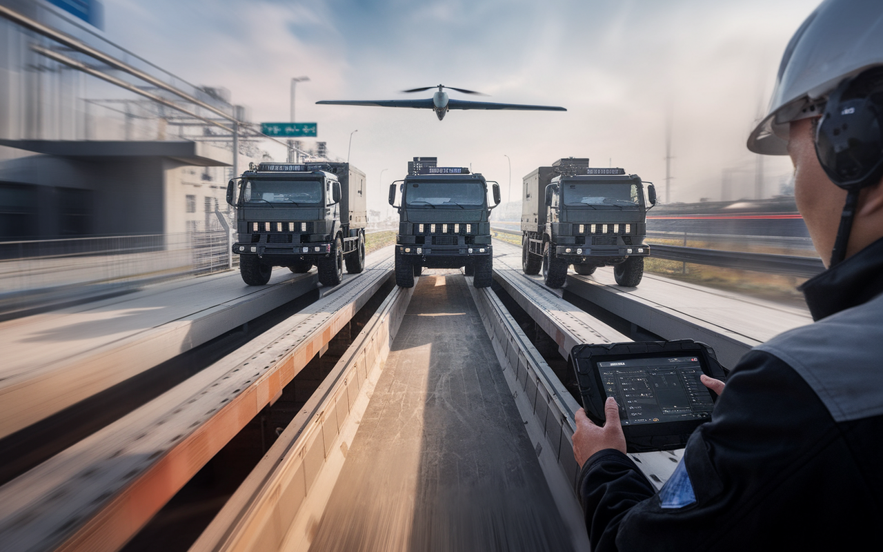 3 camions imbriqués, 2 conteneurs maritimes, une catapulte électromagnétique mobile lance des drones sans piste, ce qui surprend les experts